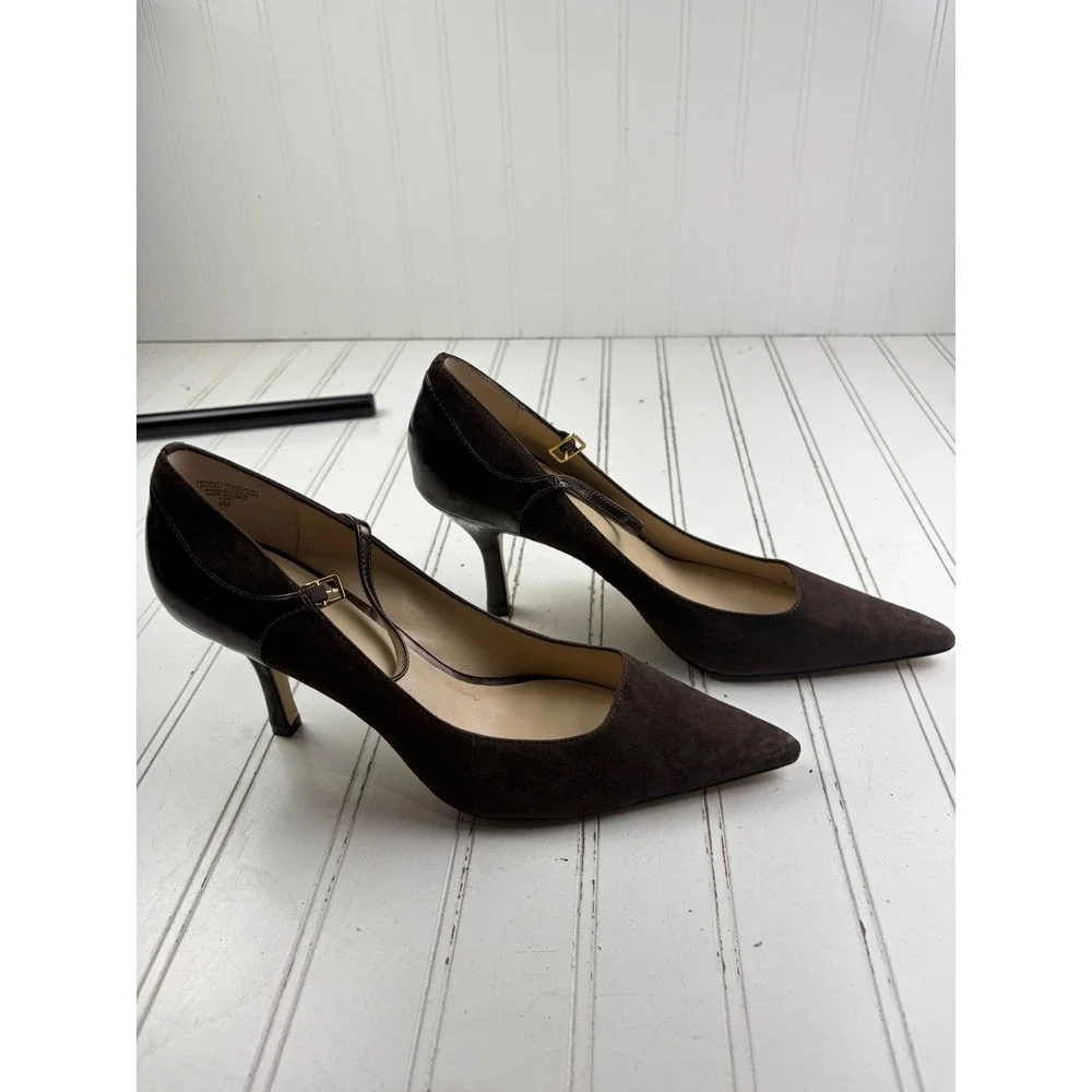 Anne Klein Vintage Y2K Brown Suede Mary Jane Pointed Toe Heels Women's Size 9M